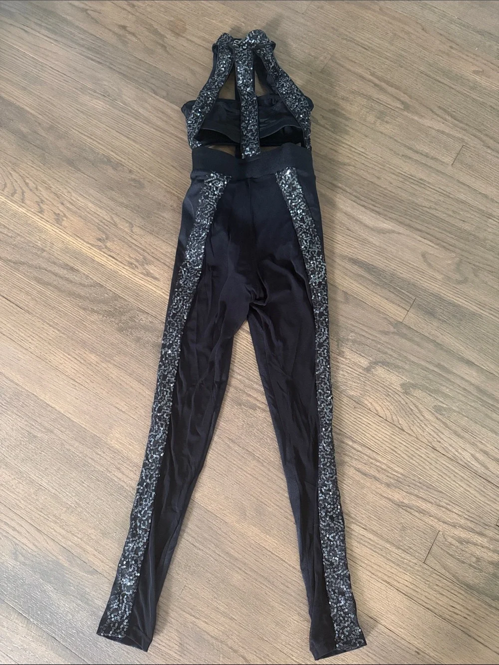 Girls' Black Halter Cutout Dance Jumpsuit with Sparkle Trim